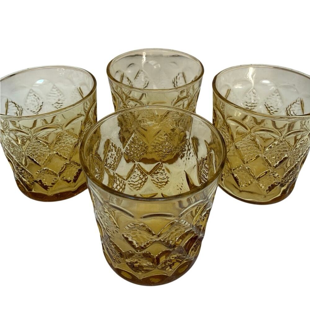 Vintage Retro Anchor Hocking Gold Amber Diamond Flat Whiskey Glasses Set of 4